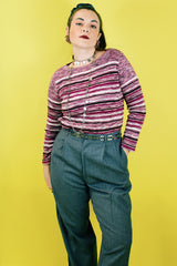 Women's vintage 1970's lightweight acrylic pullover sweater in purple, white, and brown striped heathered print.