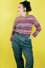 Women's vintage 1970's lightweight acrylic pullover sweater in purple, white, and brown striped heathered print.