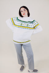 long sleeve white pullover sweater with yellow and green pattern vintage 1970's