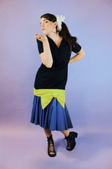 short sleeve drop waist ankle length vintage dress in cotton 1980's black with yellow bow and purple hem