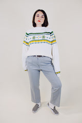 long sleeve white pullover sweater with yellow and green pattern vintage 1970's