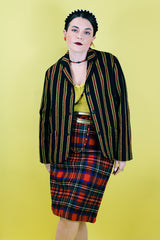 Women's vintage 1960's Sport Whirl label button up wool material blazer in black with yellow and red vertical stripes.
