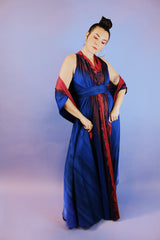 sleeveless floor length maxi dress with cowl neck, matching shawl in blue with red and purple water color print vintage 1980's