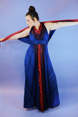 sleeveless floor length maxi dress with cowl neck, matching shawl in blue with red and purple water color print vintage 1980's