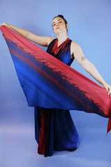 sleeveless floor length maxi dress with cowl neck, matching shawl in blue with red and purple water color print vintage 1980's