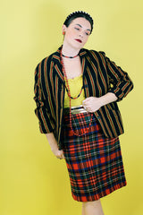 Women's vintage 1960's Sport Whirl label button up wool material blazer in black with yellow and red vertical stripes.