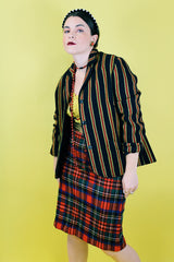 Women's vintage 1960's Sport Whirl label button up wool material blazer in black with yellow and red vertical stripes.