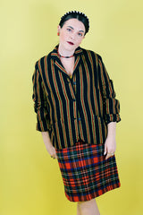 Women's vintage 1960's Sport Whirl label button up wool material blazer in black with yellow and red vertical stripes.