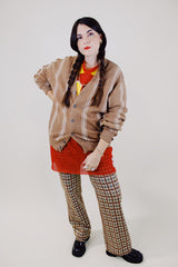 long sleeve beige button up cardigan with cream vertical stripes vintage 1960's