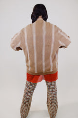 long sleeve beige button up cardigan with cream vertical stripes vintage 1960's