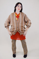 long sleeve beige button up cardigan with cream vertical stripes vintage 1960's