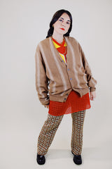 long sleeve beige button up cardigan with cream vertical stripes vintage 1960's