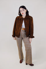 long sleeve chocolate brown suede jacket with popper buttons and a pointy collar vintage 1970's