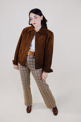 long sleeve chocolate brown suede jacket with popper buttons and a pointy collar vintage 1970's