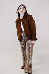 long sleeve chocolate brown suede jacket with popper buttons and a pointy collar vintage 1970's