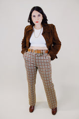 red cream yellow and grey plaid polyester pants vintage 1960's