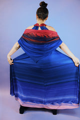 sleeveless floor length maxi dress with cowl neck, matching shawl in blue with red and purple water color print vintage 1980's