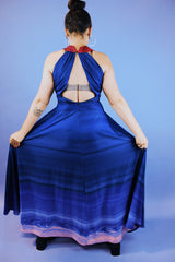 sleeveless floor length maxi dress with cowl neck, matching shawl in blue with red and purple water color print vintage 1980's