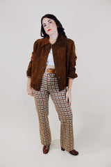 long sleeve chocolate brown suede jacket with popper buttons and a pointy collar vintage 1970's
