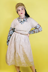 Women's vintage 1960's short sleeve midi length shift dress in oyster off white color