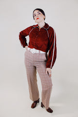 long sleeve maroon velour cropped sports jacket sweater zips up white piping vintage 1970's