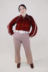 long sleeve maroon velour cropped sports jacket sweater zips up white piping vintage 1970's
