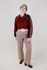 long sleeve maroon velour cropped sports jacket sweater zips up white piping vintage 1970's