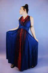 sleeveless floor length maxi dress with cowl neck, matching shawl in blue with red and purple water color print vintage 1980's