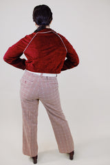 long sleeve maroon velour cropped sports jacket sweater zips up white piping vintage 1970's