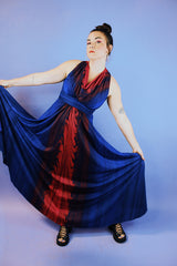 sleeveless floor length maxi dress with cowl neck, matching shawl in blue with red and purple water color print vintage 1980's
