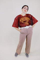 short sleeve maroon mesh football jersey with yellow graphic and text vintage