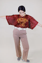 short sleeve maroon mesh football jersey with yellow graphic and text vintage