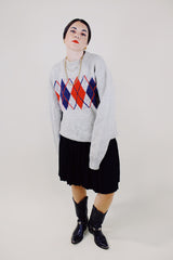 long sleeve grey pullover wool sweater with navy and red argyle print