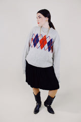 long sleeve grey pullover wool sweater with navy and red argyle print