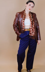 brown and cream abstract print silk like long scarf with fringe tassel ends vintage