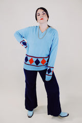 long sleeve blue pullover sweater with navy and red diamond print vintage 1970's
