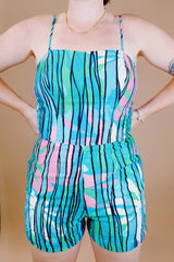 striped vintage swimsuit romper in cotton blue and pink color 1960's