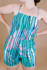 striped vintage swimsuit romper in cotton blue and pink color 1960's