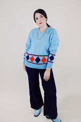 long sleeve blue pullover sweater with navy and red diamond print vintage 1970's