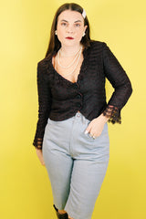 Women's vintage 1960's Charles F. Borg, Portland, Oregon label long sleeve black lace button up lace blouse with ruffle lace trim.