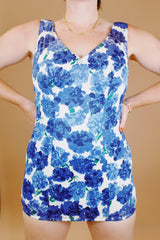 white and blue floral printed vintage 1950's swimsuit with skirt over bottoms one piece