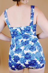 white and blue floral printed vintage 1950's swimsuit with skirt over bottoms one piece