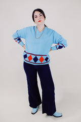 long sleeve blue pullover sweater with navy and red diamond print vintage 1970's