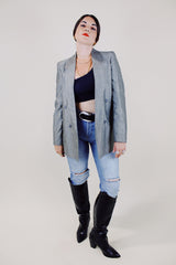 long sleeve metallic silver double breasted blazer vintage 1980's