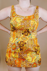 sleeveless paisley printed vintage swimsuit top in cotton and orange and yellow colors 1960's