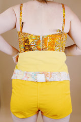 sleeveless paisley printed vintage swimsuit top in cotton and orange and yellow colors 1960's