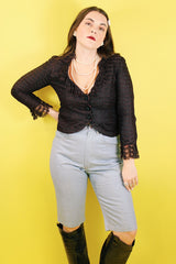 Women's vintage 1960's Charles F. Borg, Portland, Oregon label long sleeve black lace button up lace blouse with ruffle lace trim.