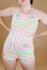 floral printed 1960's vintage swimsuit romper with tie belt cotton