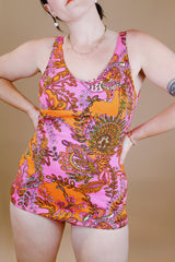 pink and orange paisley printed vintage 1970's one piece swimsuit
