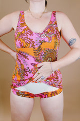 pink and orange paisley printed vintage 1970's one piece swimsuit